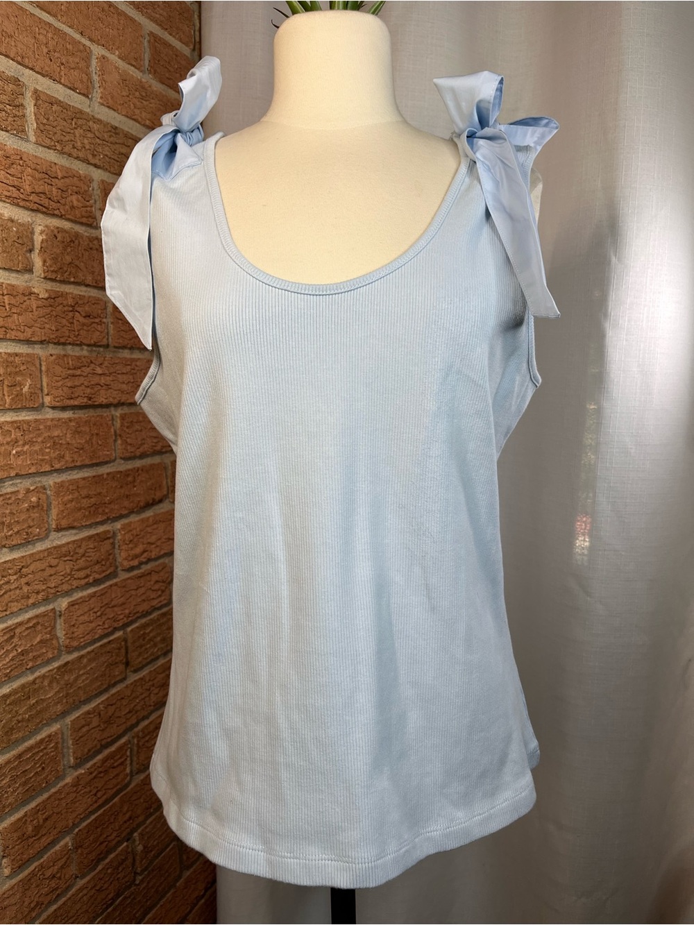 French Connection Blue Ribbed Bow Shoulder Tank Top XL NWOT Cotton Stretch